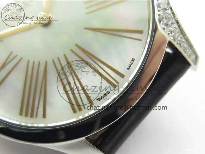 0410 StreetReady Ladies’ De Ville Trésor Diamond SS 3AF 1:1 Best Edition White MOP Dial RG Markers On Black Fabric strap Swiss Quartz 7884